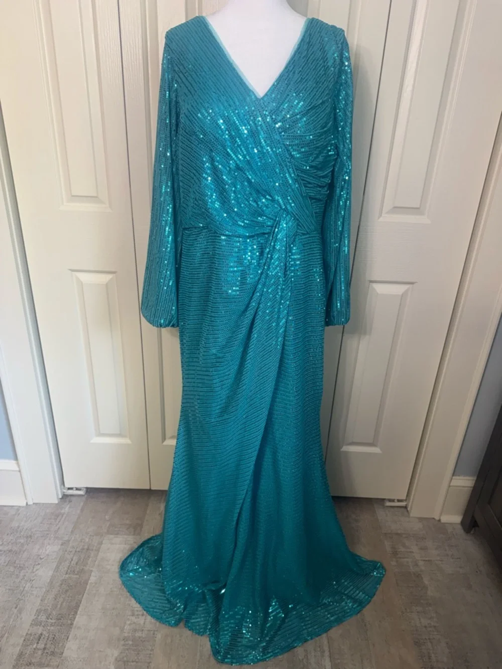 Teal Sequin V-Neck Long Sleeve Evening Dress - Picture 2 of 4